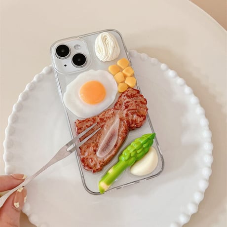 ステーキ/目玉焼き iphone17/16proケース 立体食べ物/野菜 アイフォン15/14promaxケース 面白い 美味しそう クリアケース ギフトにおすすめ[M3203]