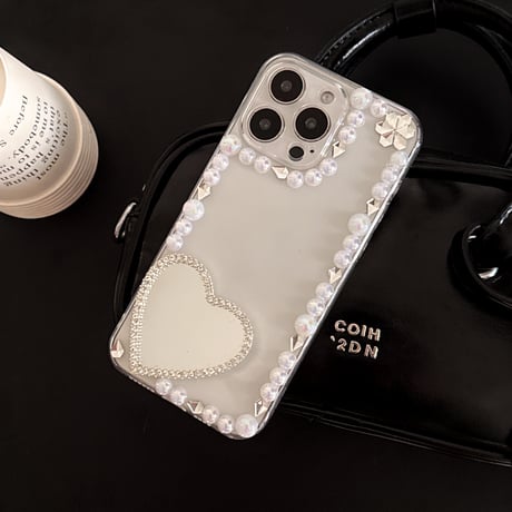 パールデコiPhone16pro/16ケース ハートミラー/蝶 iPhone15/14pro/13proクリアケース 女子力高い 可愛い [M5113]