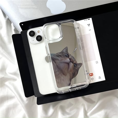 猫/犬ちゃん 鏡 iPhone15/15proケース お揃い iphone14pro/13/12proカバー 可愛い メイク直しに便利 [M4563]