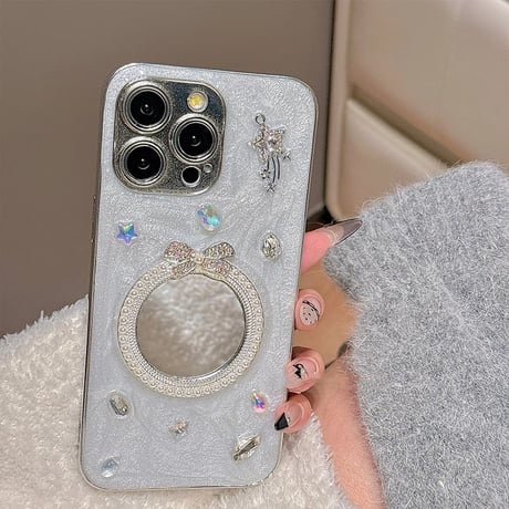 パールミラー iPhone16/16Proケース ダイヤ/リボンデコ iPhone15/14/13/12Proカバー 女子力高い ギフトにおすすめ [M4966]