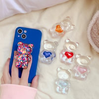 ハート付き熊ちゃん スマホグリップ  スマホリング落下防止 卓上スタンド 透明感 韓国風  オシャレ 伸び縮み  イヤホン収納  全機種対応 M1365