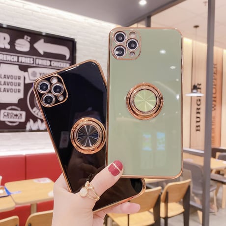 パンカーリング付 iphone13/12proケース ツヤ感ある金色枠 iphoneXS/SE2カバー  耐久性耐衝撃頑丈なソフトケース 落下防止 スタンド機能付きM320