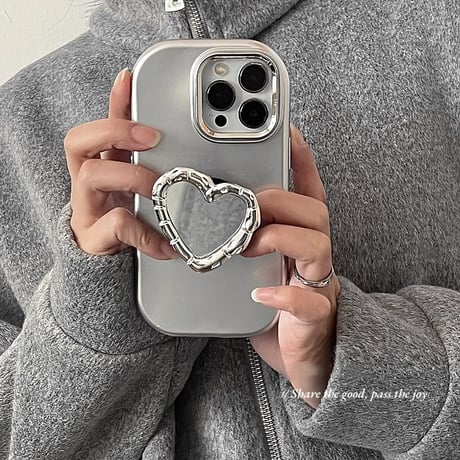ハート鏡グリップ iphone15/15proケース  シルバー iphone13/14pro/12/11カバー  可愛い シック 便利 多機能[M3950]