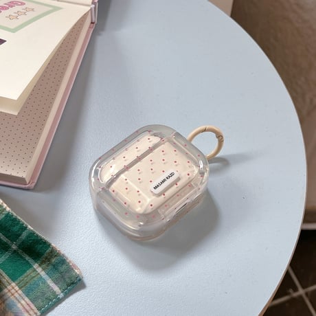 ピンク水玉模様 Airpods Pro3ケース 頑丈 Airpods 4/3カバー  AirpodsPro2/1  リング付 韓国っぽ 淡色系 [M6110]