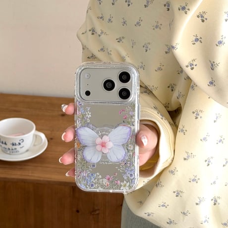 草花柄ミラー iPhone17pro/17ケース 蝶グリップ iPhone16promax/15proケース かわいい 便利 女子力高い[M6164]