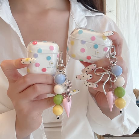 多彩水玉模様 Airpods Pro3ケース ハートリボンキーホルダ付き Airpods 4/3カバーケース AirpodsPro2/1 かわいい ギフトにおすすめ [M6401]