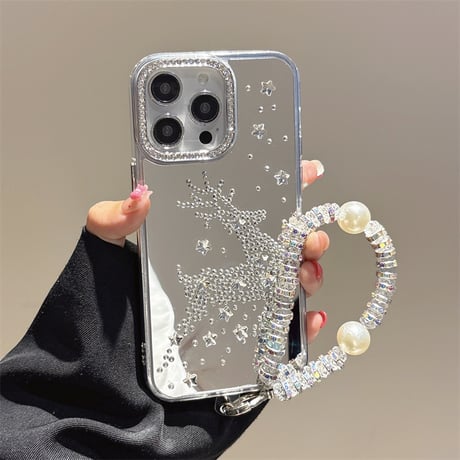 ダイヤリボン/鹿 ミラーiPhone16/16proケース パールジュエリーストラップ付 iPhone15promax/14/13カバー おしゃれ [M5450]