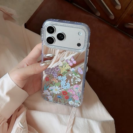 草花柄ミラー iPhone17Pro/17ケース きれい iPhone17Promax/16Pro/15ケース かわいい 光沢感 丈夫[M6192]
