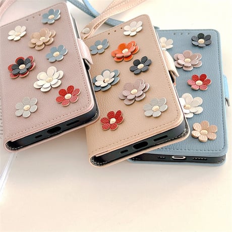 手帳型 iphone14pro/13miniケース 立体花 カード入れ3個 iphone12mini/11promaxカバー お札入れ1個 ストラップ付 可愛い レザー[M2184]