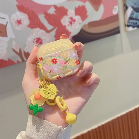 きれい花柄 Airpods4ケース 花キーホルダー付 AirpodsPro2ケース airpods3/2ケース 可愛い ギフトにおすすめ[M5598]