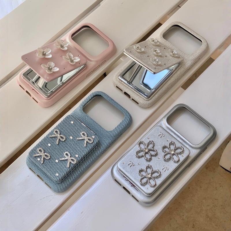 スタンド付ミラー iPhone17/17Proケース リボン/花デコ レザー iPhone17