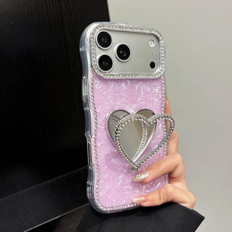 ハート型ミラーリングスタンド iPhone17Pro/17ケース  うねうねジュエリーライン アイフォン16/15proカバー シェル柄[M6260]