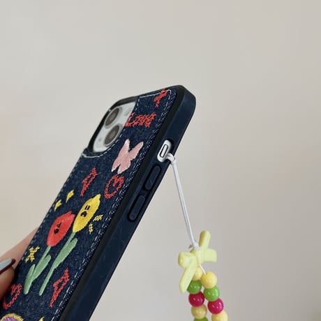 デニム 草花柄 アイフォン14plus/14proケース  刺繡  iphone13/12/11カバー  高品質  高級感 ガールズに人気 [M2248]