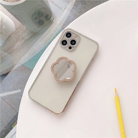 ミラーポップソケット付 iphone12/11ケース  スタンド 透明iphoneXS/SE2カバー  軽量持ちやすい ツヤ感ありファッションM418