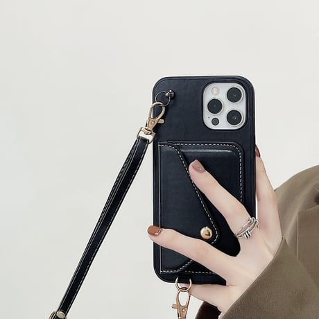カード入れ 背面型 アイフォン14/13カバー  長いストラップ付 iphone12/11promaxカバー  高品質  シンプル風 レザー[M2095]
