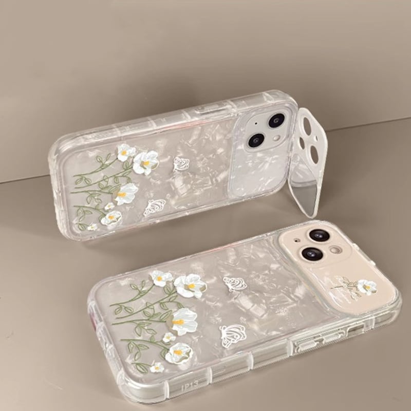 鏡カメラカバー付 iPhone15Pro/16ケース 花柄 ストラップ付き