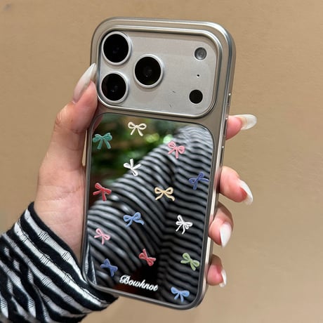 ミラー iPhone17/17Proケース リボン柄  iPhone16ProMax/15Pro/14/13 大人可愛い 頑丈 メッキ[M5878]