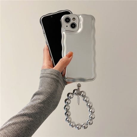 クールシルバー iphone15/14/13proケース グリップ/ストラップ付 アイフォン12/11カバー  高級感高品質 お洒落 ギフトにおすすめ  [M2092]