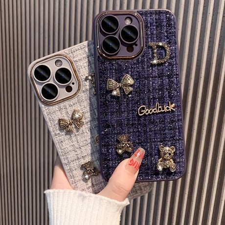布地 iPhone16/15plusケース  放熱仕様 iPhone14/13proソフトケース カメラ保護 リボン熊ちゃんデコ 秋冬人気[M3618]