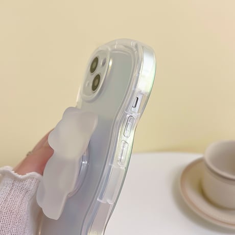 【iPhone15対応】クマさんスタンド iphone14/13proケース  クリアiphone12/11カバー 波紋枠 高級感 可愛い 実用[M2215]