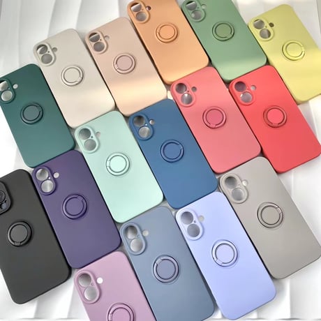 iPhone16/16Proケース リング付  高品質シリコン iphone15pro/14/13mini/12/11proカバー   シンプル  お揃い 手さわりよい スタンド[M2194]