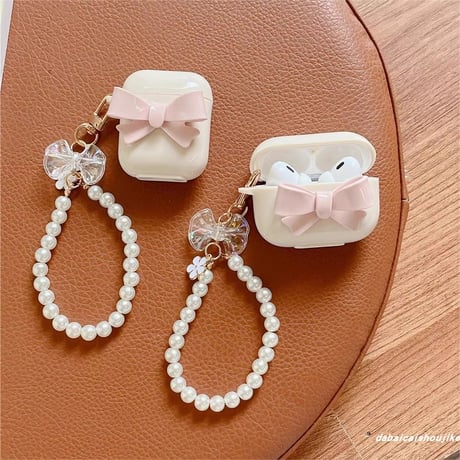 淡色系 Airpods 4ケース リボン ベージュ色 Airpods3/2カバー Airpodspro2/pro  パールストラップ付 めっちゃ可愛い[M5033]