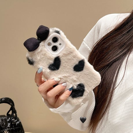 秋冬 リボン付 iphone14/14proケース ハート柄  アイフォン13/12/11カバー 柔らかい温かい  かわいい  ガールズに人気[M2266]