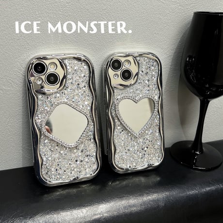 うねうね 鏡付 iPhone15/15Proケース キラキラグリッター iPhone14/13Pro/12ケース きれい 便利 丈夫 [M3911]