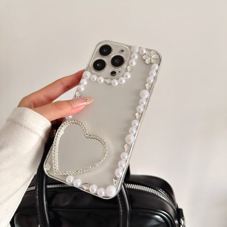 パールデコiPhone16pro/16ケース ハートミラー/蝶 iPhone15/14pro/13proクリアケース 女子力高い 可愛い [M5113]
