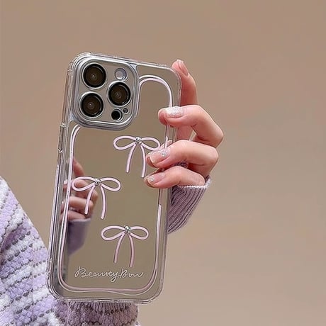 鏡付 リボン iPhone15/15proケース 女子力アップ iPhone14promax/13pro/12ケース パープルカラー 可愛い[M4287]