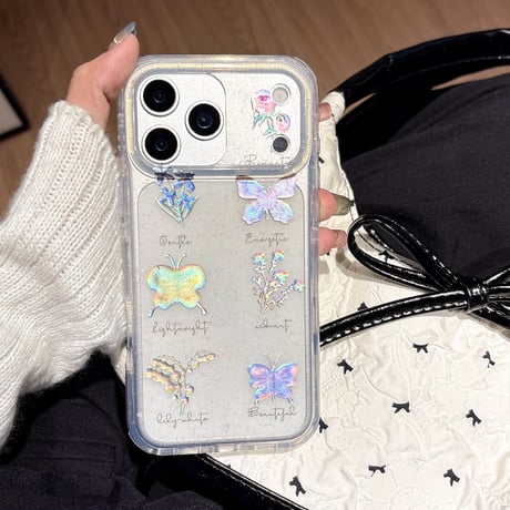 蝶/草花柄 iPhone17/17Proケース ラメ入り キラキラ iPhone17ProMax/16Proケース 美しい キラキラ 黄ばまない[M5747]