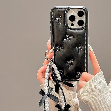 刺繡リボン iPhone16/16Proケース レザー パールストラップ アイフォン15プロ/14/13proカバー 可愛い トレンドファッション [M4996]