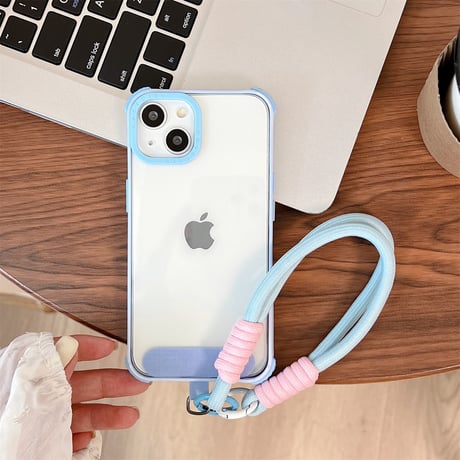 ストラップ付 クリアiPhone15Pro/15ケース 黄ばまない アイフォン14プロ/13/12カバー 耐衝撃加工 [M4427]