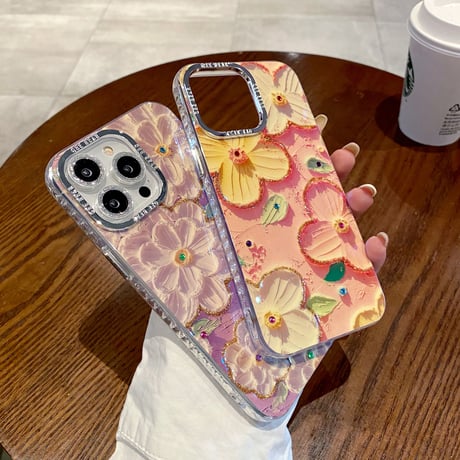 花柄 iPhone15/15Plusケース 光る油絵 綺麗 iPhone14/13proカバー ガールファッション 頑丈 かわいい 耐久性 [M3543]