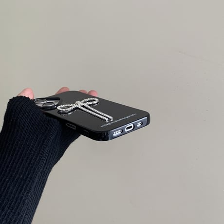 ジュエリーリボン iPhone16/16Proケース 高級感 きれいめコーデ iPhone15/14/13/12Proカバー ブラック 女子力高い [M4910]
