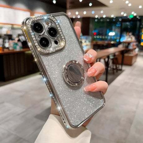 ジュエリー リング付きアイフォン14プロカバー ラメ入りシール付 iphone13pro/12/11proケース キラキラ オシャレ 実用 ガールズに超人気 [M2577]