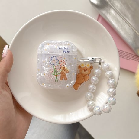 可愛いクマちゃん Airpods4ケース シェル柄 airpods3/2ケース AirpodsPro2/1カバー バックチャーム付き ギフトにおすすめ[M5420]