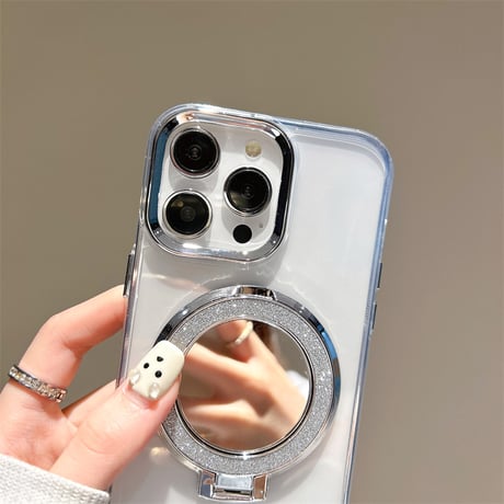 ミラースタンド付 iPhone16/15plusケース 透明 iPhone14promax/13/12proカバー シンプル ラメ入り [M4537]