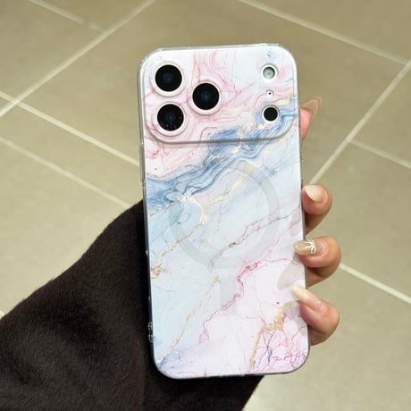 大理石調 iPhone17/17Proケース マグネット式グリップ付 iPhone16Pro/15ProMaxケース 便利なスタンド機能 オシャレ[M6092]