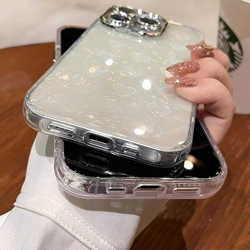 シェル風ハート柄 iPhone16/15proケース キラキラ レンズ保護 iphone14/