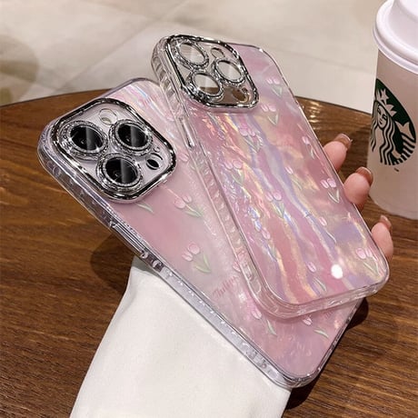 ピンク iPhone15/15proケース シェル風 チューリップ キラキラレンズフィルム付 iPhone14/13/12 [M3512]