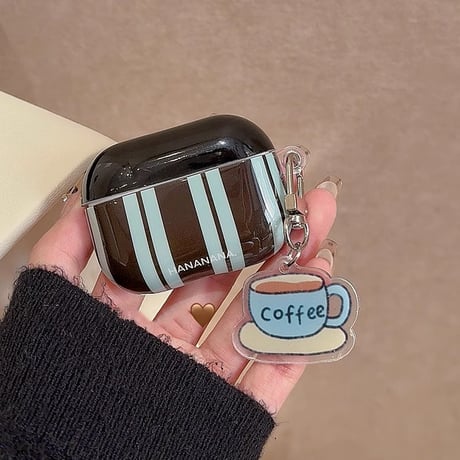 Airpods 4ケース 縞模様 コーヒーチャーム付 AirpodsPro2/Pro1カバー  エアポッズ3/2 シック インスタ人気[M4705]