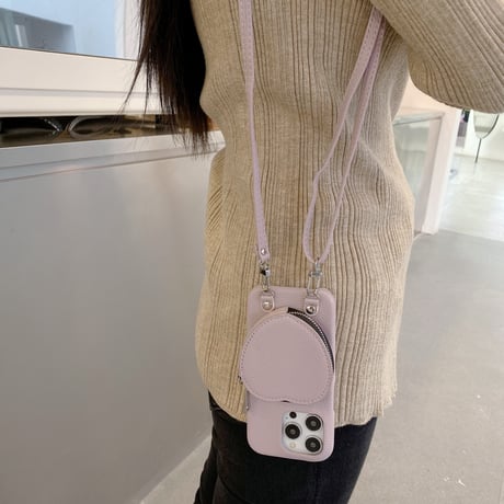 ハート小銭入れ iPhone15/15proケース ショルダーストラップ付 アイフォン14pro/13mini/12/11カバー レザー 高品質 超便利[M3709]