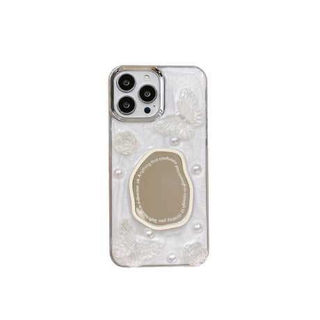 鏡付 アイフォン15/15プロ/15プラスケース 蝶/パール iPhone14/13pro/12ケース 可愛い 女子力アップ[M4496]
