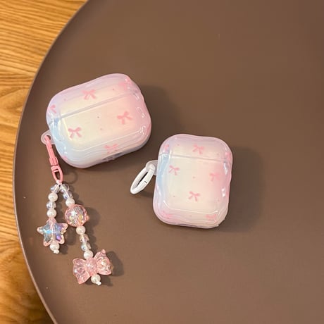 リボン柄 Airpods 4ケース グラデーションカラー ガーリーファッション Airpods3/2カバー Airpodspro2/pro リング/リボンキーチェーン うねうね[M4937]