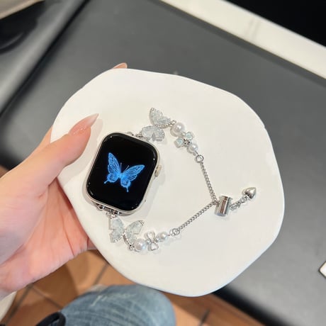 パール蝶々 アップルウォッチ10バンド 高級感  AppleWatch Ultra2/1/SE(第2/1世代)/Series9/8/7/6/5/4/3/2/1 シルバー スターライト[M4777]