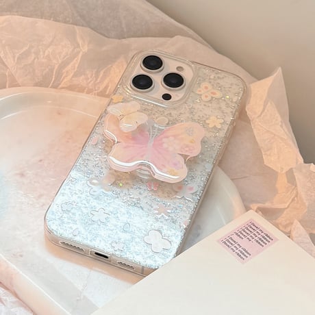 蝶グリップ iPhone16pro/16ケース グリッター入り iPhone15promax/14pro/13/12カバー スタンド付 人気アイテム[M5270]