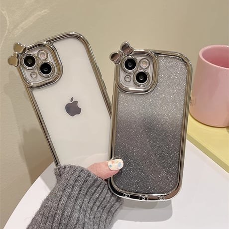 リボン iPhone15/15proケース メッキ キラキラインナーシート付 iPhone14/13pro/12ケース シルバー かわいい[M3928]