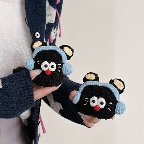ニット黒猫 Airpods 4ケース かわいい エアーポッズプロ２/１ケース Airpods3/2カバー 柔らかい 手さわりいい ギフトに最適[M4715]