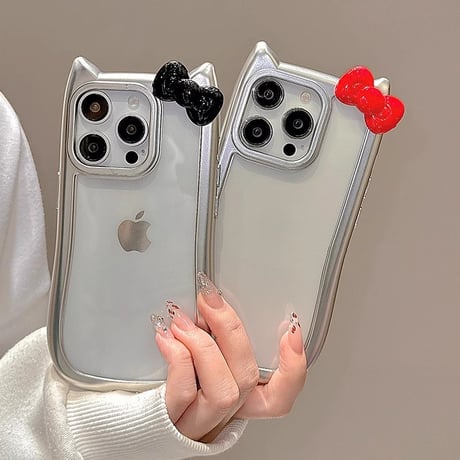 猫の耳 リボン付 iPhone15pro/15ケース メッキ iphone14pro/13promax/12カバー 可愛い 黄ばまない[M4379]